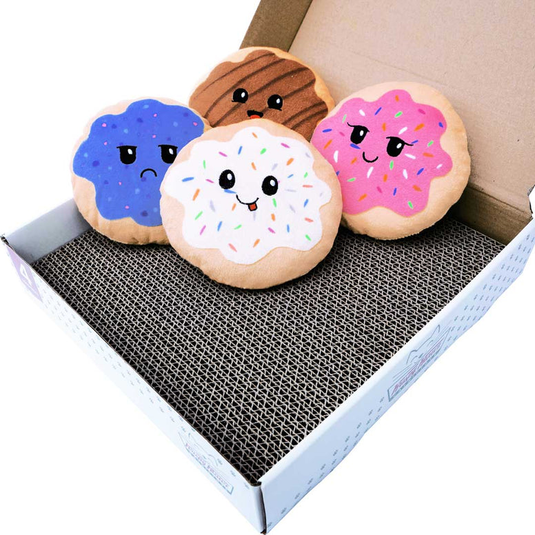 Krispy Klawz Donut Cat Toys - 4 Donut Catnip Toys & Cardboard Cat Scratch Pad