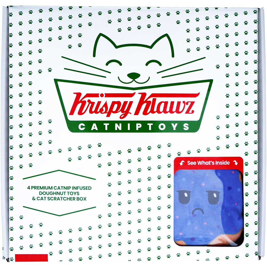 Krispy Klawz Donut Cat Toys - 4 Donut Catnip Toys & Cardboard Cat Scratch Pad