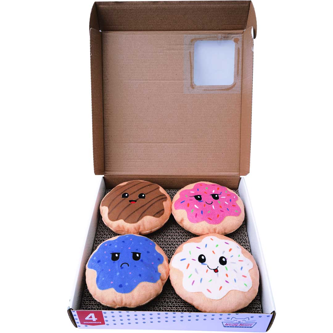 Krispy Klawz Donut Cat Toys - 4 Donut Catnip Toys & Cardboard Cat Scratch Pad