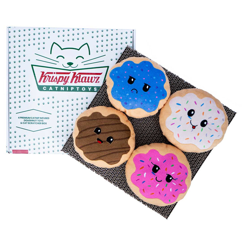 Krispy Klawz Donut Cat Toys - 4 Donut Catnip Toys & Cardboard Cat Scratch Pad