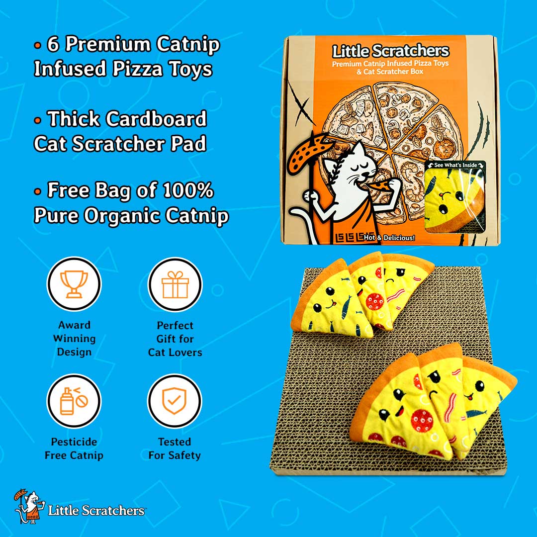 Little Scratchers Pizza Cat Toys - 6 Pizza Catnip Toys & Cardboard Cat Scratch Pad