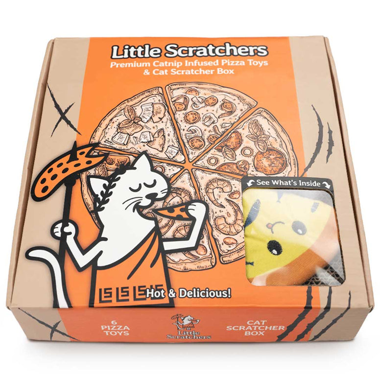 Little Scratchers Pizza Cat Toys - 6 Pizza Catnip Toys & Cardboard Cat Scratch Pad