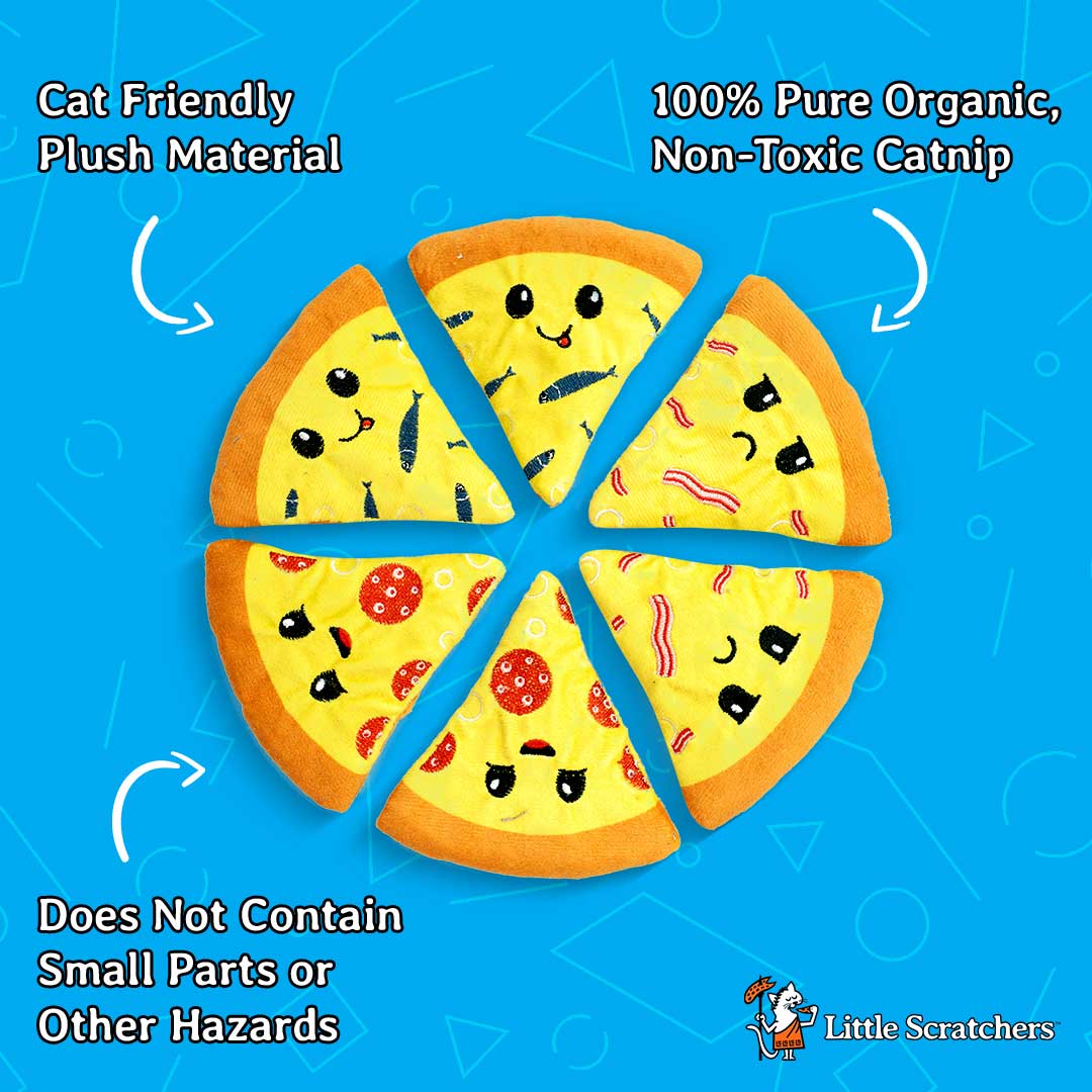 Little Scratchers Pizza Cat Toys - 6 Pizza Catnip Toys & Cardboard Cat Scratch Pad